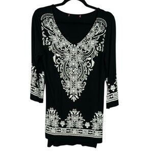 Marie Claire Boho Classic Floral Embroidered 3/4 Sleeve Tunic Top Medium Black